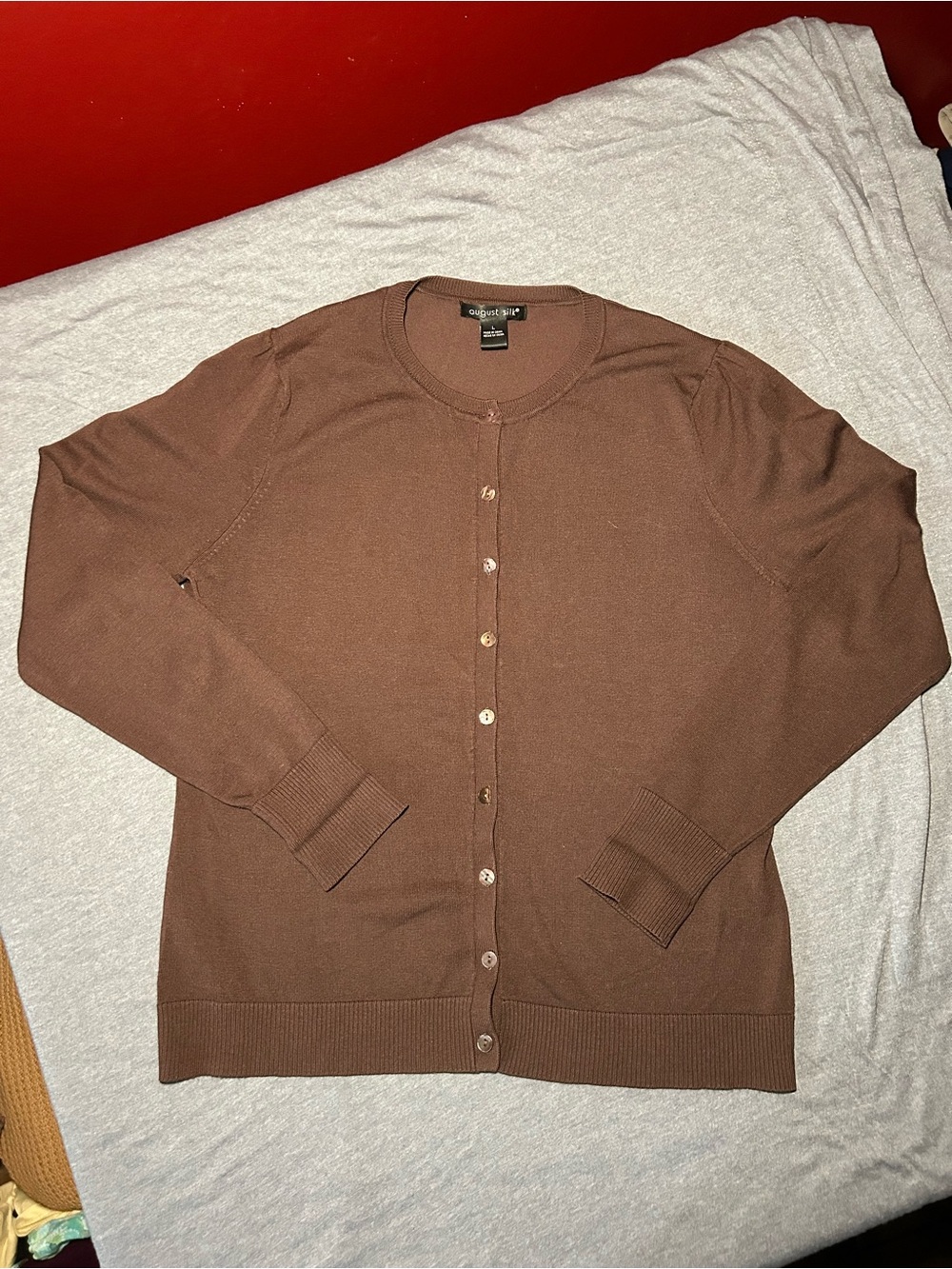 august silk Brown Crewneck Button-Front Cardigan